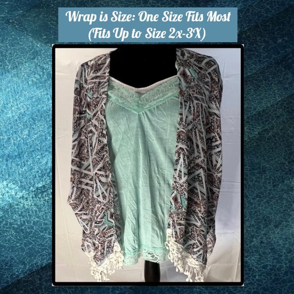 Vanity Aztec Print w/ Fringe Trim Kimono Wrap & 2 Matching Mint Tank Tops Bundle - Picture 2 of 11
